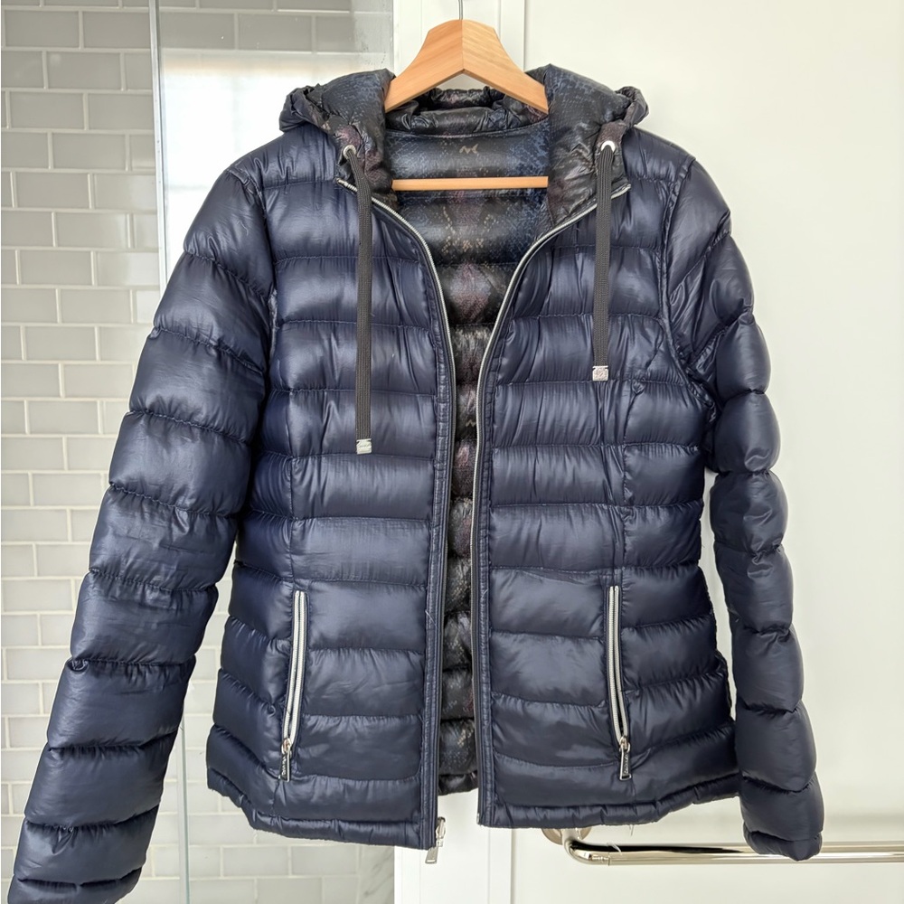 Calvin Klein Dark Blue Reversible Down Puffer Jacket with Hood